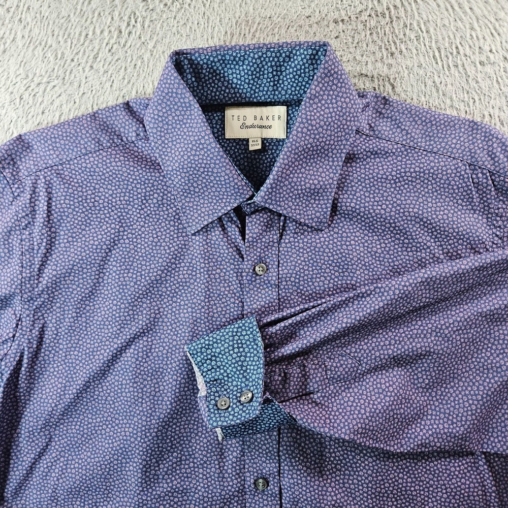 Ted Baker Endurance Button Shirt Men Size 15.5 32/33 Flip Cuff Geometric Purple